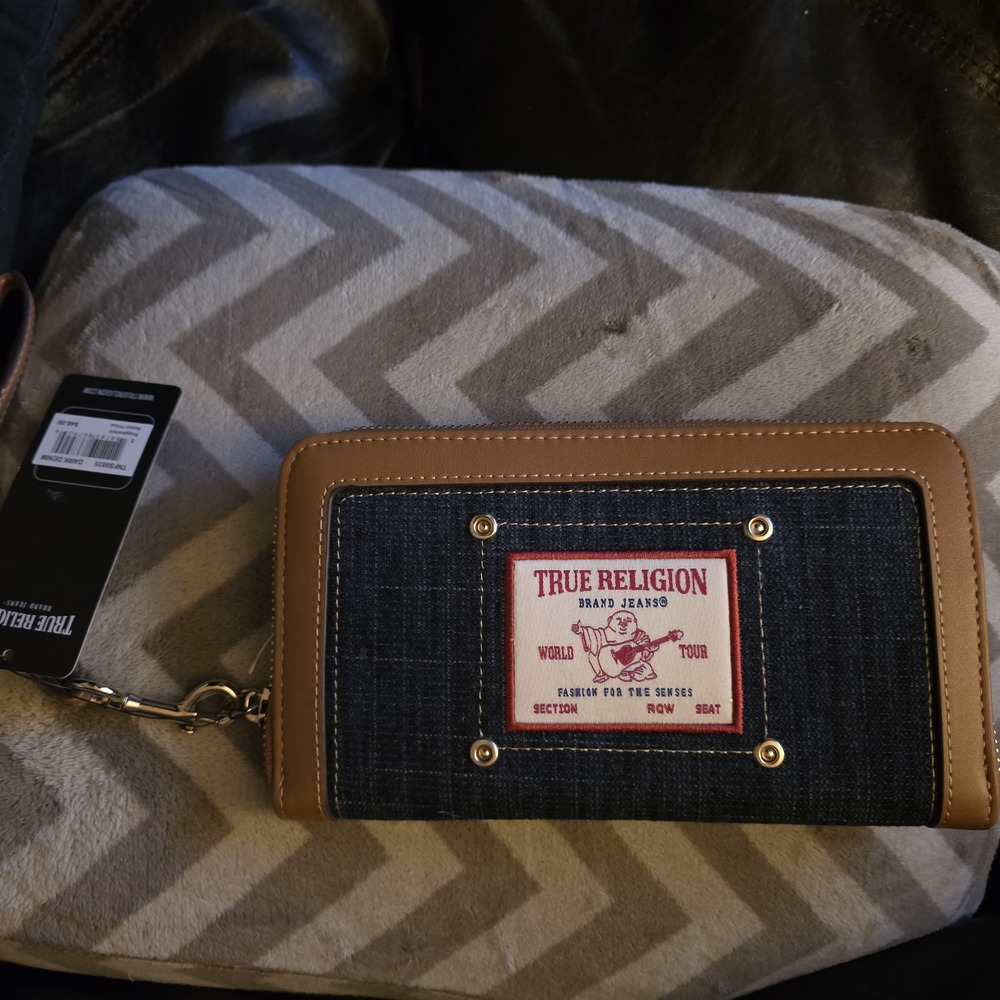 True Religion Men's Denim and Tan Wallet